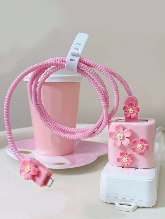 5pcs/Set Pink Sakura Flower Charging Cable Protector & Winder Kit For 1.5m Charging/Data Cable, Compatible With IPhone 12/13/14 And 20W Power Adapter Charger Protector