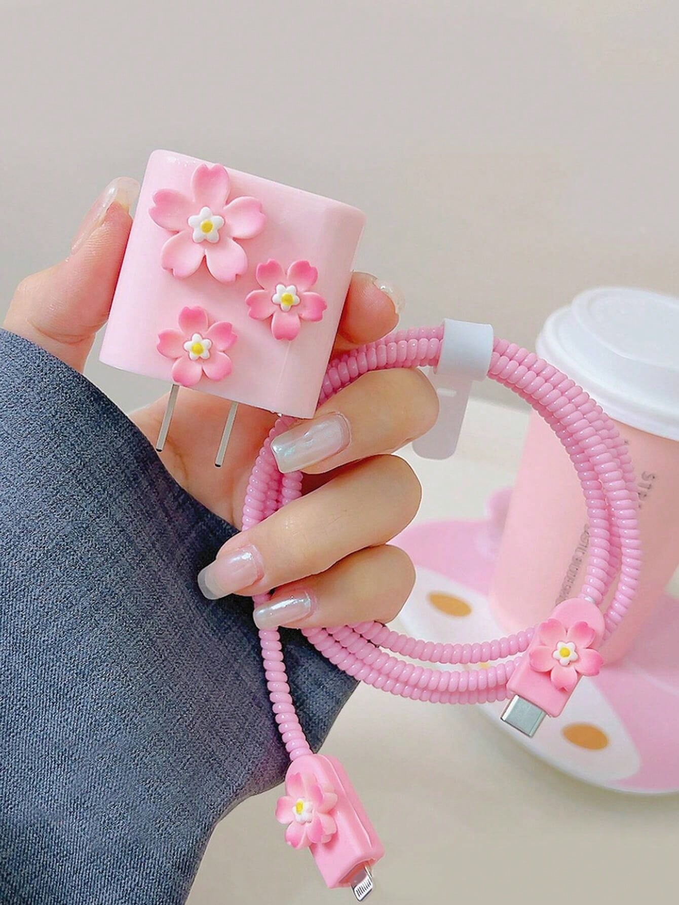 5pcs/Set Pink Sakura Flower Charging Cable Protector & Winder Kit For 1.5m Charging/Data Cable, Compatible With IPhone 12/13/14 And 20W Power Adapter Charger Protector