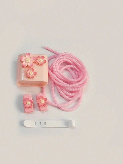 5pcs/Set Pink Sakura Flower Charging Cable Protector & Winder Kit For 1.5m Charging/Data Cable, Compatible With IPhone 12/13/14 And 20W Power Adapter Charger Protector