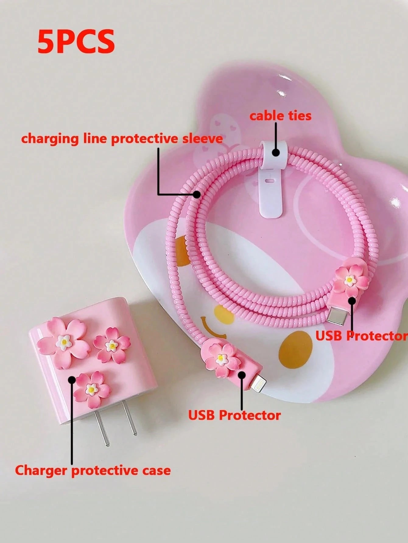 5pcs/Set Pink Sakura Flower Charging Cable Protector & Winder Kit For 1.5m Charging/Data Cable, Compatible With IPhone 12/13/14 And 20W Power Adapter Charger Protector