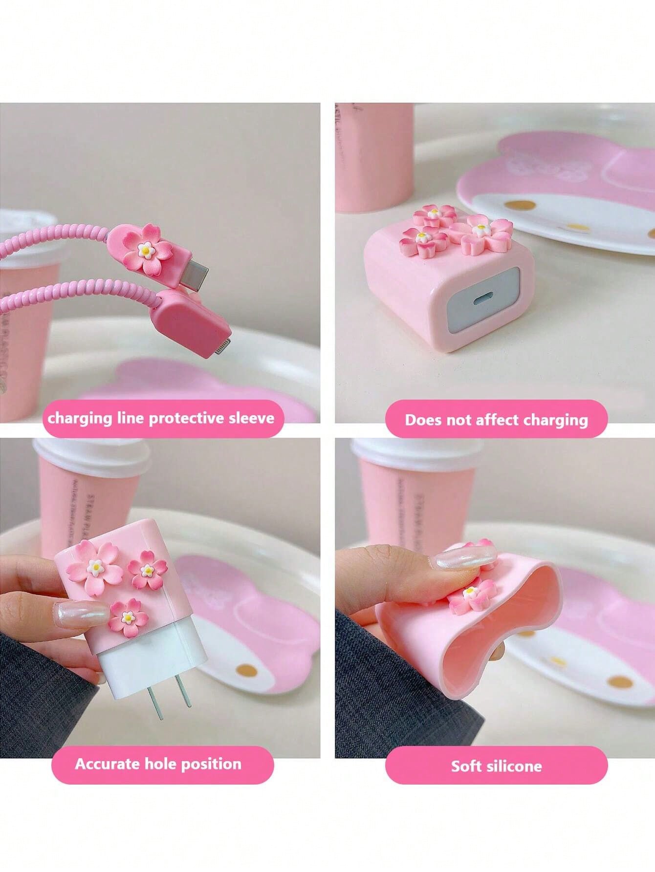 5pcs/Set Pink Sakura Flower Charging Cable Protector & Winder Kit For 1.5m Charging/Data Cable, Compatible With IPhone 12/13/14 And 20W Power Adapter Charger Protector
