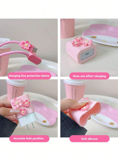 5pcs/Set Pink Sakura Flower Charging Cable Protector & Winder Kit For 1.5m Charging/Data Cable, Compatible With IPhone 12/13/14 And 20W Power Adapter Charger Protector