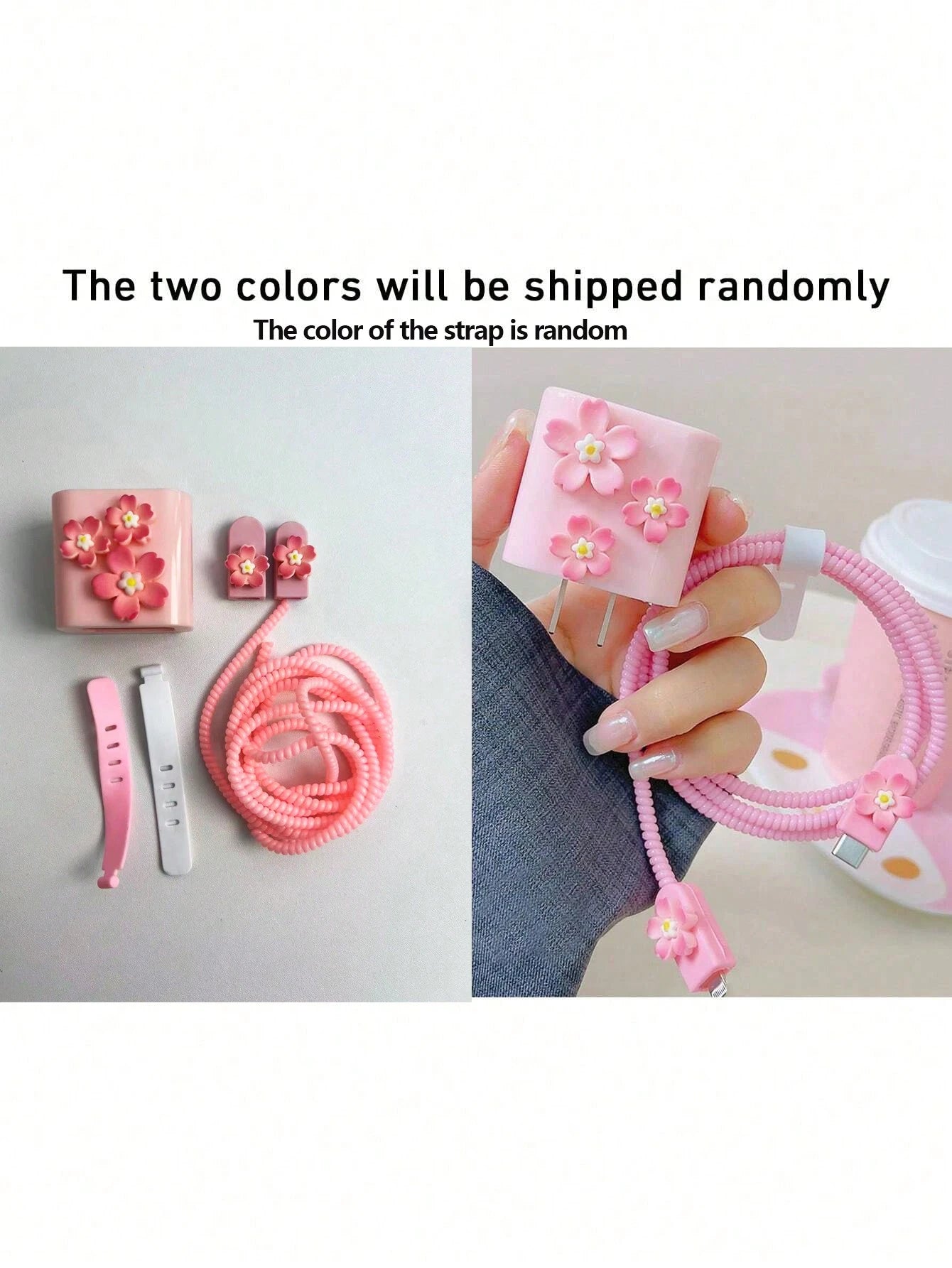 5pcs/Set Pink Sakura Flower Charging Cable Protector & Winder Kit For 1.5m Charging/Data Cable, Compatible With IPhone 12/13/14 And 20W Power Adapter Charger Protector