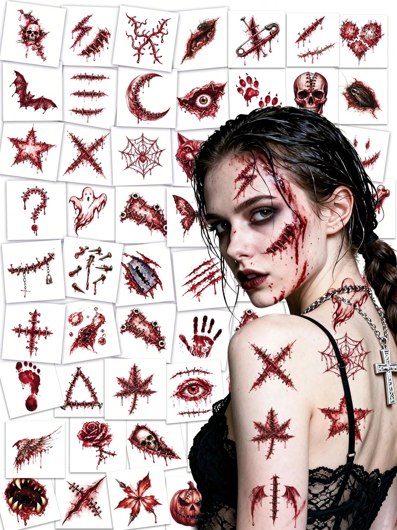 60 Personalized Halloween Scar Tattoo Stickers, Waterproof And Realistic Bloodstain Feeling, Suitable For Holiday Scar Makeup Parties, Funny Makeup, Adding Festive Atmosphere, Including Various Wounds