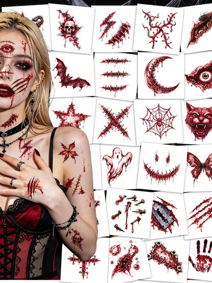 60 Personalized Halloween Scar Tattoo Stickers, Waterproof And Realistic Bloodstain Feeling, Suitable For Holiday Scar Makeup Parties, Funny Makeup, Adding Festive Atmosphere, Including Various Wounds
