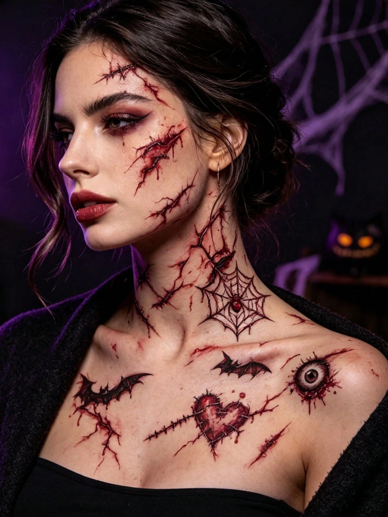 60 Personalized Halloween Scar Tattoo Stickers, Waterproof And Realistic Bloodstain Feeling, Suitable For Holiday Scar Makeup Parties, Funny Makeup, Adding Festive Atmosphere, Including Various Wounds