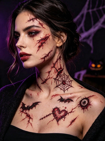60 Personalized Halloween Scar Tattoo Stickers, Waterproof And Realistic Bloodstain Feeling, Suitable For Holiday Scar Makeup Parties, Funny Makeup, Adding Festive Atmosphere, Including Various Wounds