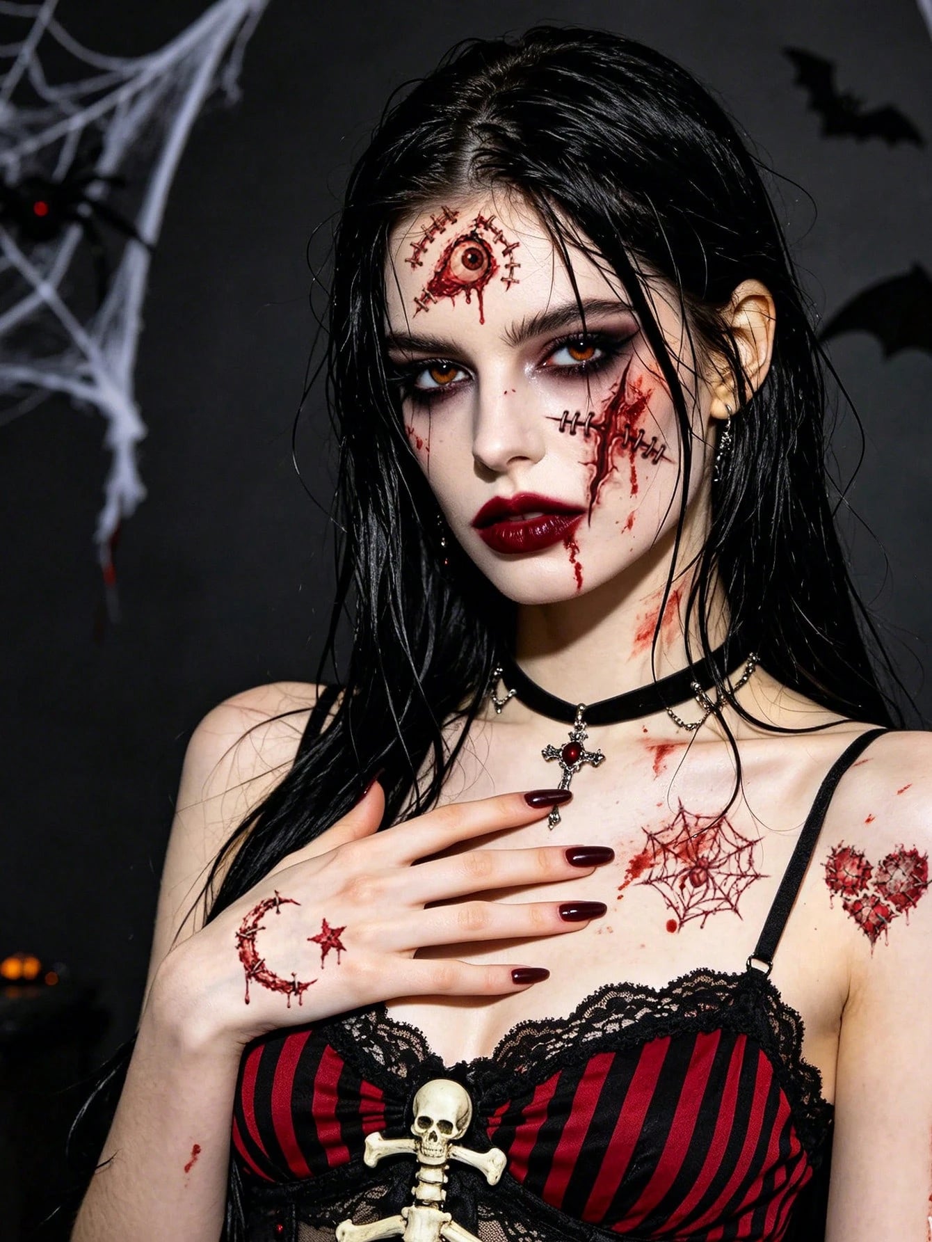 60 Personalized Halloween Scar Tattoo Stickers, Waterproof And Realistic Bloodstain Feeling, Suitable For Holiday Scar Makeup Parties, Funny Makeup, Adding Festive Atmosphere, Including Various Wounds