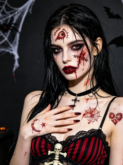 60 Personalized Halloween Scar Tattoo Stickers, Waterproof And Realistic Bloodstain Feeling, Suitable For Holiday Scar Makeup Parties, Funny Makeup, Adding Festive Atmosphere, Including Various Wounds