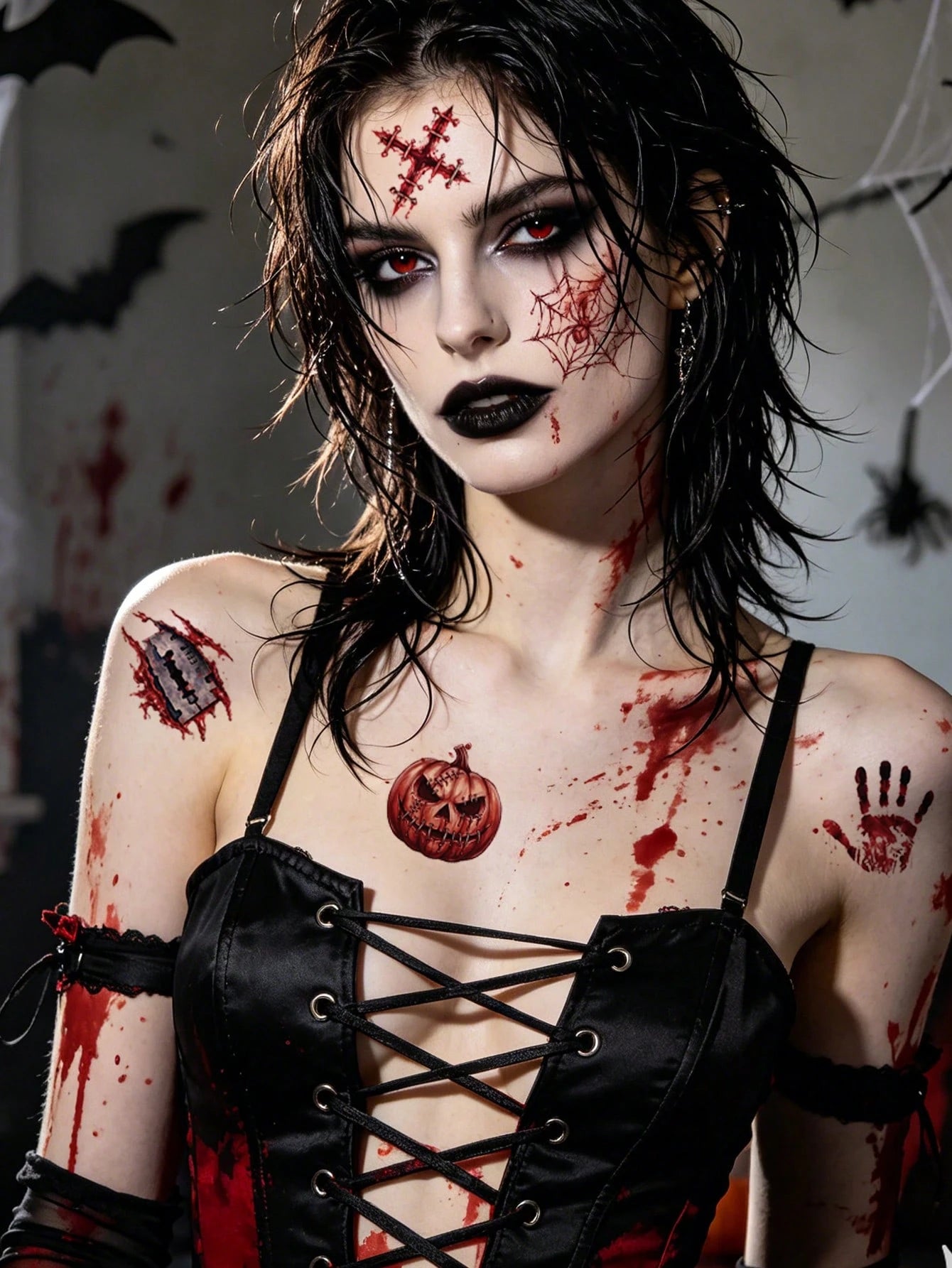 60 Personalized Halloween Scar Tattoo Stickers, Waterproof And Realistic Bloodstain Feeling, Suitable For Holiday Scar Makeup Parties, Funny Makeup, Adding Festive Atmosphere, Including Various Wounds