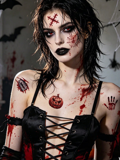 60 Personalized Halloween Scar Tattoo Stickers, Waterproof And Realistic Bloodstain Feeling, Suitable For Holiday Scar Makeup Parties, Funny Makeup, Adding Festive Atmosphere, Including Various Wounds