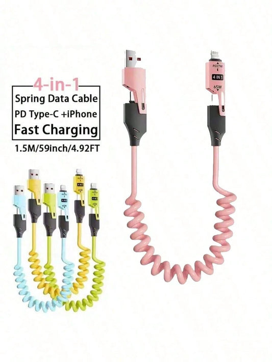 65W Multi-Function 4-In-1 USB-C Retractable Charging Cable, Supports PD Fast Charging And Data Sync, Silicone Material, Multi-Port Charging With Indicator Lights, Compatible With IPhone, Compatible Wi
