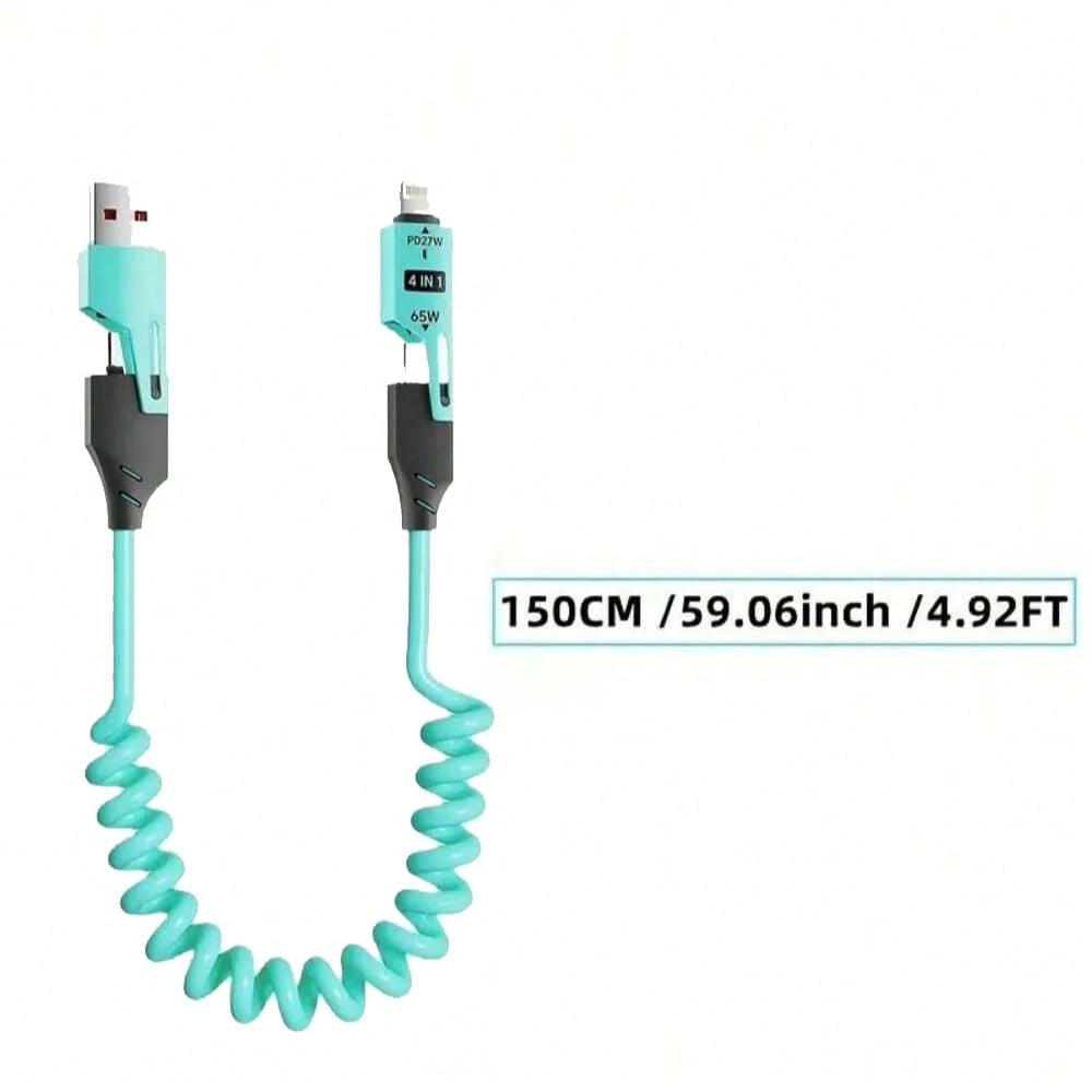 65W Multi-Function 4-In-1 USB-C Retractable Charging Cable, Supports PD Fast Charging And Data Sync, Silicone Material, Multi-Port Charging With Indicator Lights, Compatible With IPhone, Compatible Wi