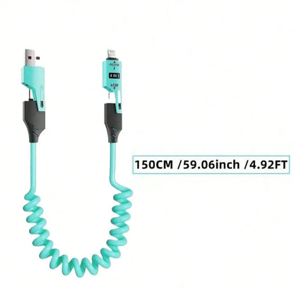 65W Multi-Function 4-In-1 USB-C Retractable Charging Cable, Supports PD Fast Charging And Data Sync, Silicone Material, Multi-Port Charging With Indicator Lights, Compatible With IPhone, Compatible Wi