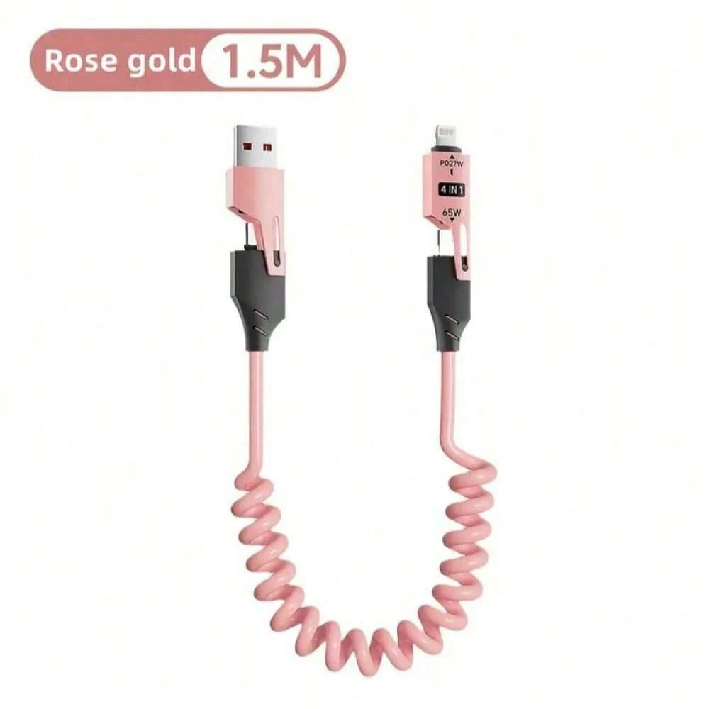 65W Multi-Function 4-In-1 USB-C Retractable Charging Cable, Supports PD Fast Charging And Data Sync, Silicone Material, Multi-Port Charging With Indicator Lights, Compatible With IPhone, Compatible Wi