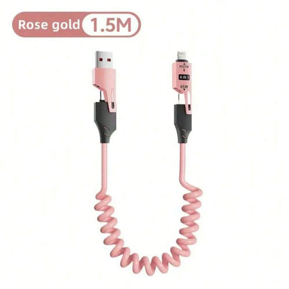 65W Multi-Function 4-In-1 USB-C Retractable Charging Cable, Supports PD Fast Charging And Data Sync, Silicone Material, Multi-Port Charging With Indicator Lights, Compatible With IPhone, Compatible Wi