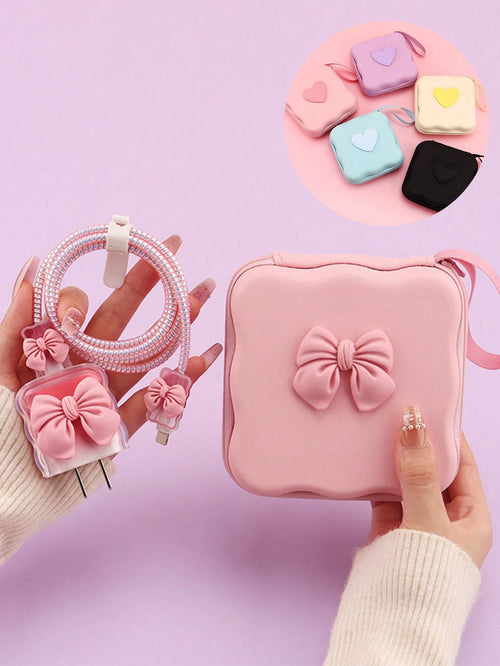 6pcs Cute Bow Candy Color Cable Protector Case, Data Cable Organizer Bag, Digital Accessories Storage Box, Anti-Drop Zipper Pouch, Compatible With 20W Fast Charger
