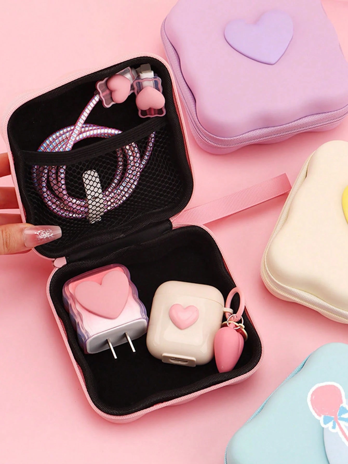 6pcs Cute Bow Candy Color Cable Protector Case, Data Cable Organizer Bag, Digital Accessories Storage Box, Anti-Drop Zipper Pouch, Compatible With 20W Fast Charger