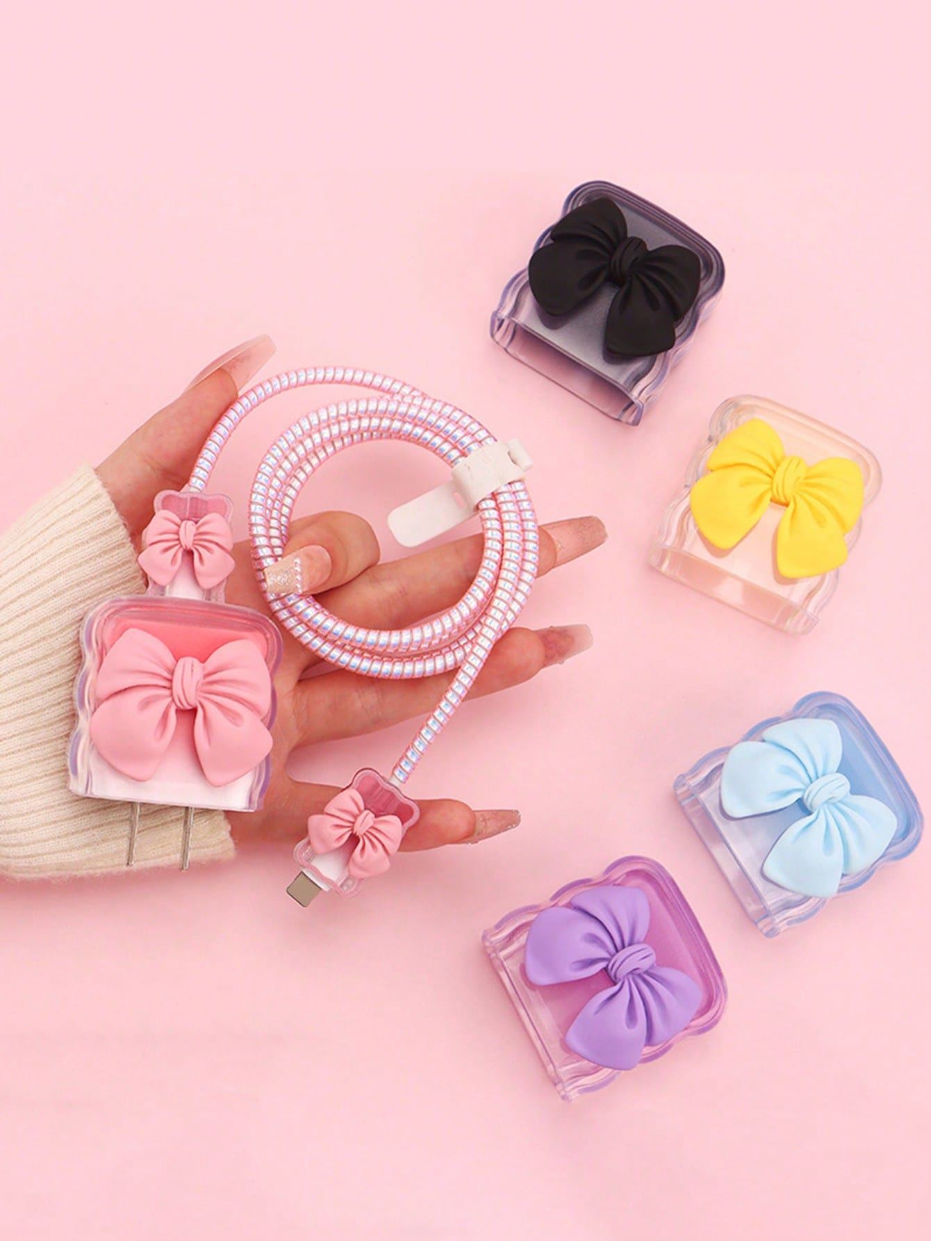 6pcs Cute Bow Candy Color Cable Protector Case, Data Cable Organizer Bag, Digital Accessories Storage Box, Anti-Drop Zipper Pouch, Compatible With 20W Fast Charger