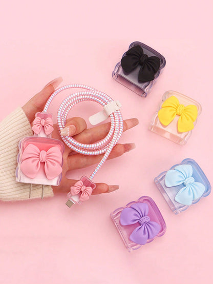 6pcs Cute Bow Candy Color Cable Protector Case, Data Cable Organizer Bag, Digital Accessories Storage Box, Anti-Drop Zipper Pouch, Compatible With 20W Fast Charger