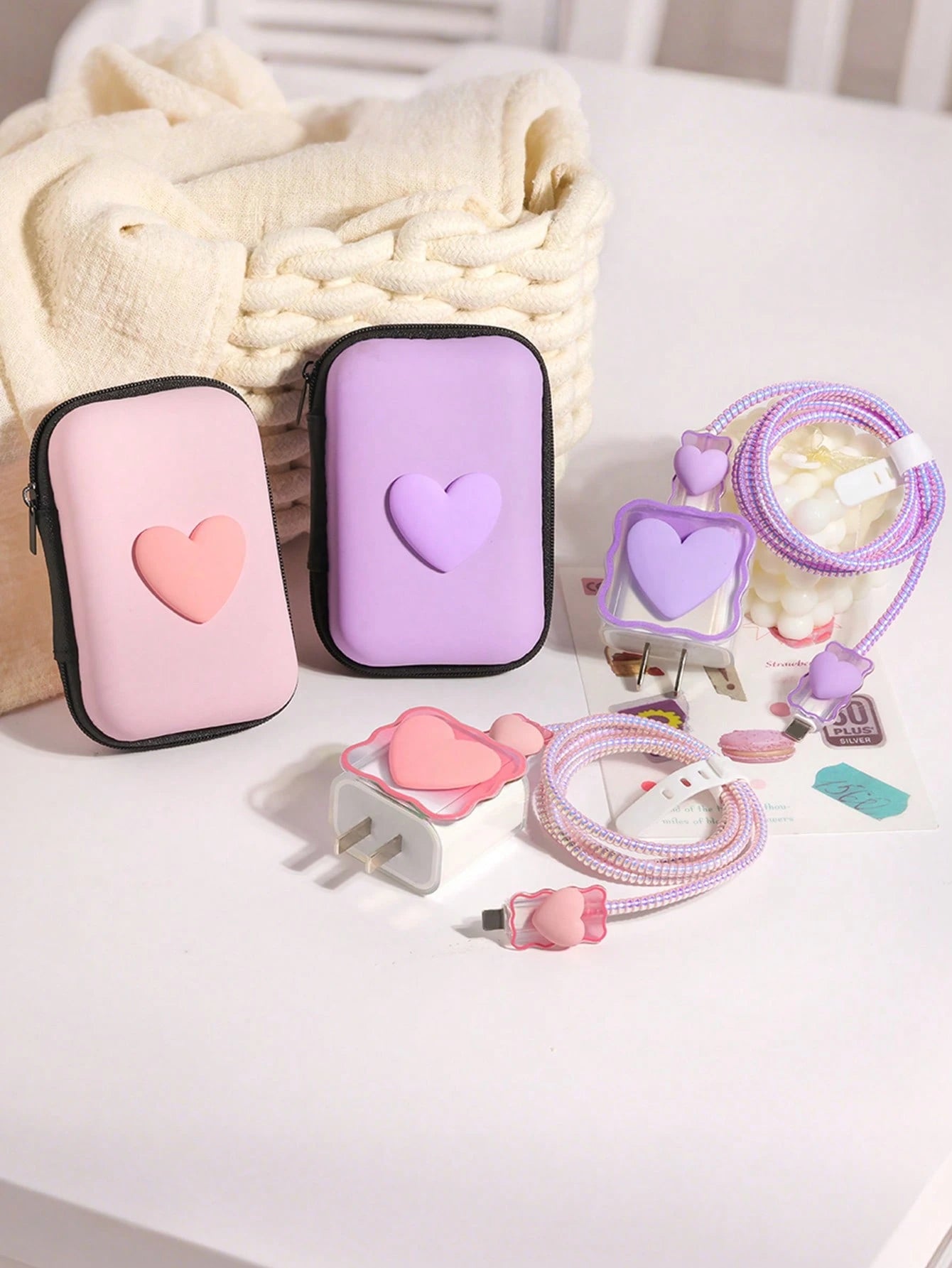 6pcs Cute Bow Candy Color Cable Protector Case, Data Cable Organizer Bag, Digital Accessories Storage Box, Anti-Drop Zipper Pouch, Compatible With 20W Fast Charger