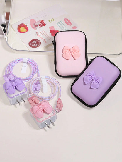 6pcs Cute Bow Candy Color Cable Protector Case, Data Cable Organizer Bag, Digital Accessories Storage Box, Anti-Drop Zipper Pouch, Compatible With 20W Fast Charger