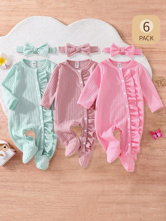 6pcs Cute Newborn Infant Girl Clothes,Dusty Pink Solid Long Sleeve Jumpsuit & Headband Set,Autumn Family Matching Loungewear For Spring Fall Winter