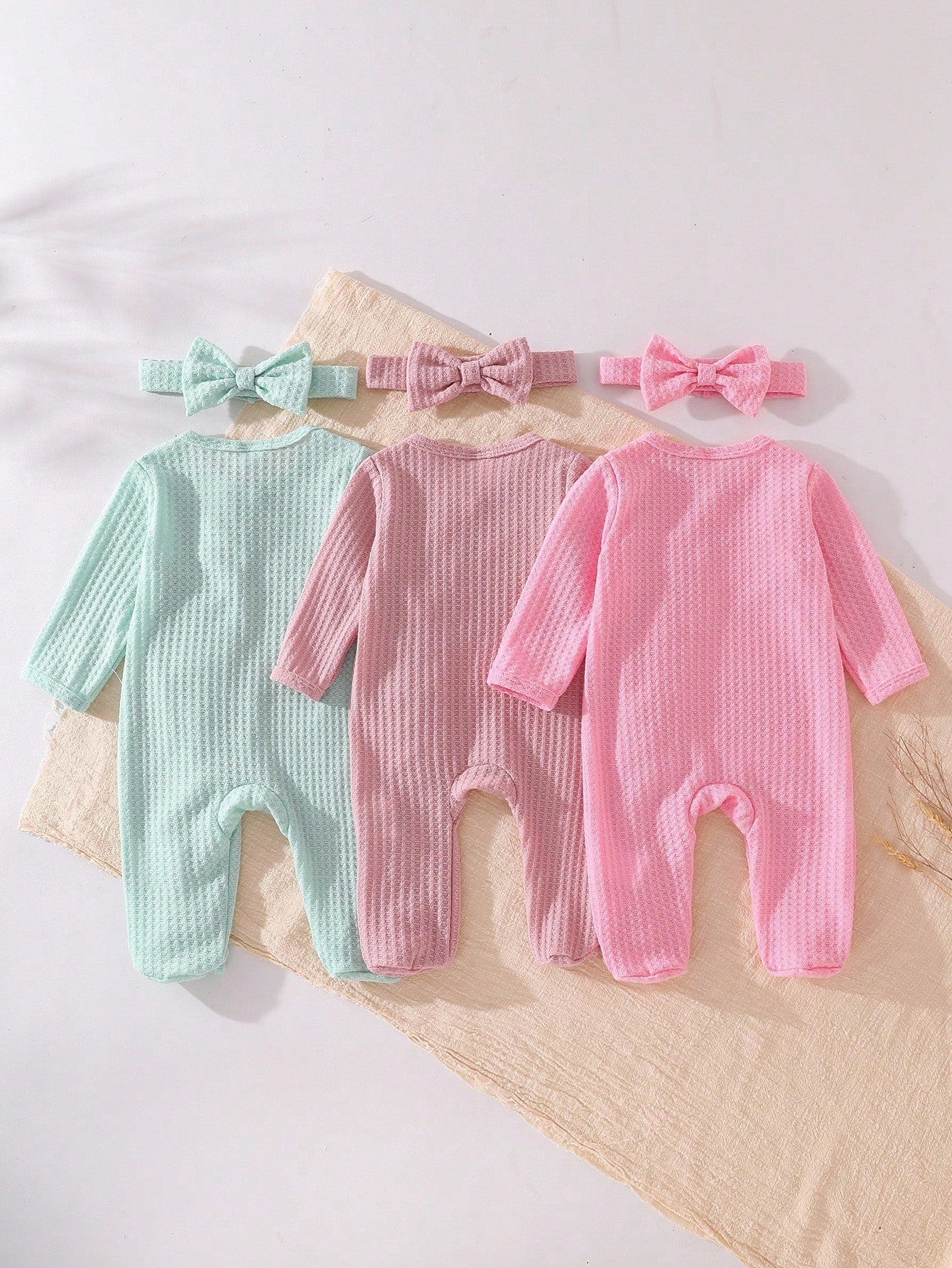 6pcs Cute Newborn Infant Girl Clothes,Dusty Pink Solid Long Sleeve Jumpsuit & Headband Set,Autumn Family Matching Loungewear For Spring Fall Winter