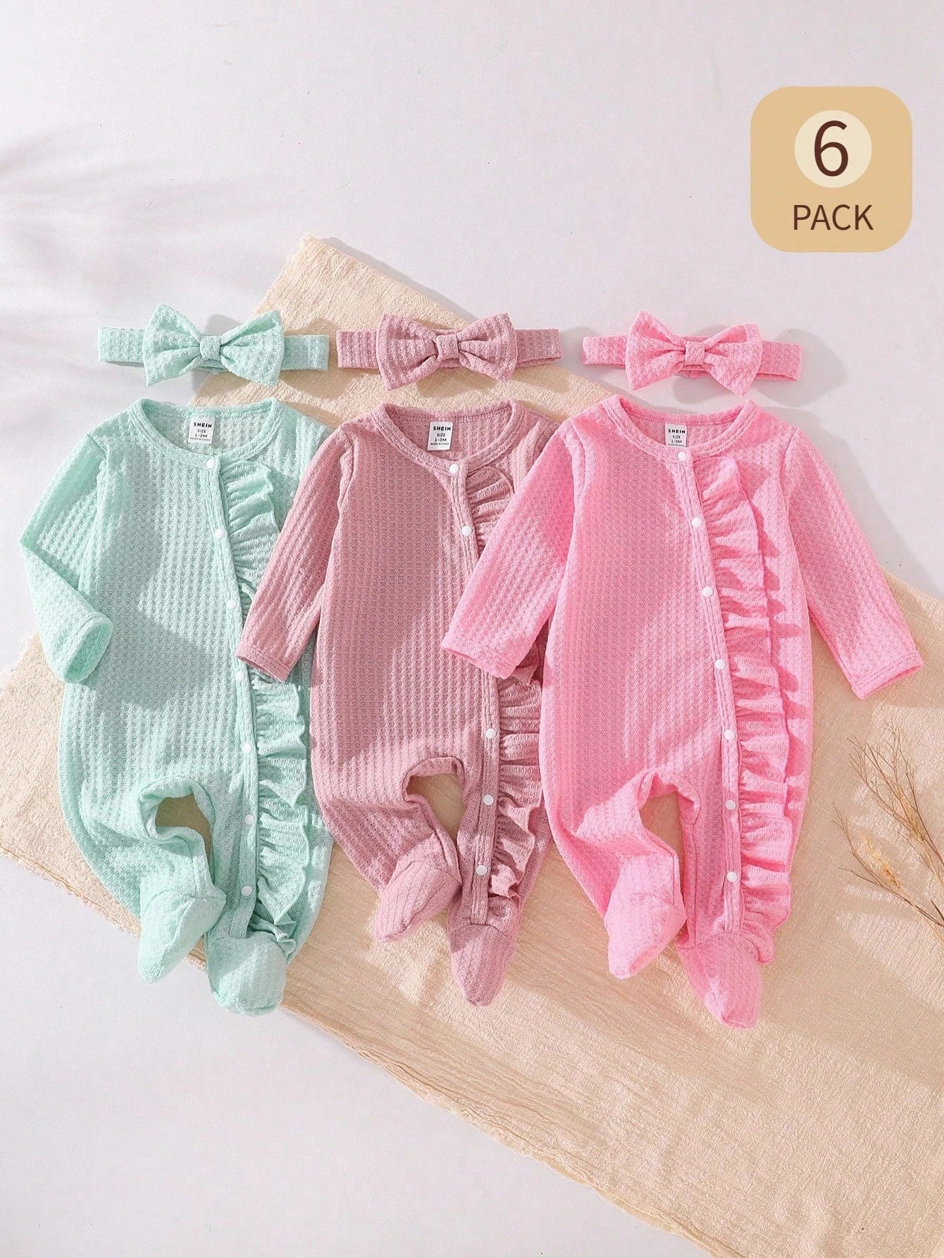 6pcs Cute Newborn Infant Girl Clothes,Dusty Pink Solid Long Sleeve Jumpsuit & Headband Set,Autumn Family Matching Loungewear For Spring Fall Winter