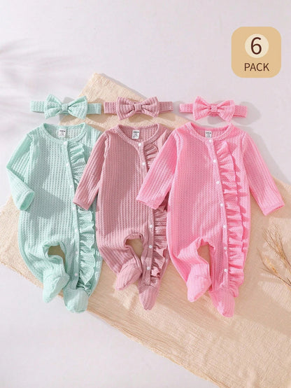 6pcs Cute Newborn Infant Girl Clothes,Dusty Pink Solid Long Sleeve Jumpsuit & Headband Set,Autumn Family Matching Loungewear For Spring Fall Winter
