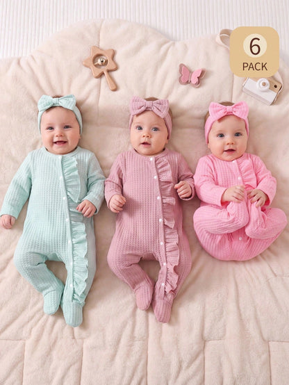 6pcs Cute Newborn Infant Girl Clothes,Dusty Pink Solid Long Sleeve Jumpsuit & Headband Set,Autumn Family Matching Loungewear For Spring Fall Winter