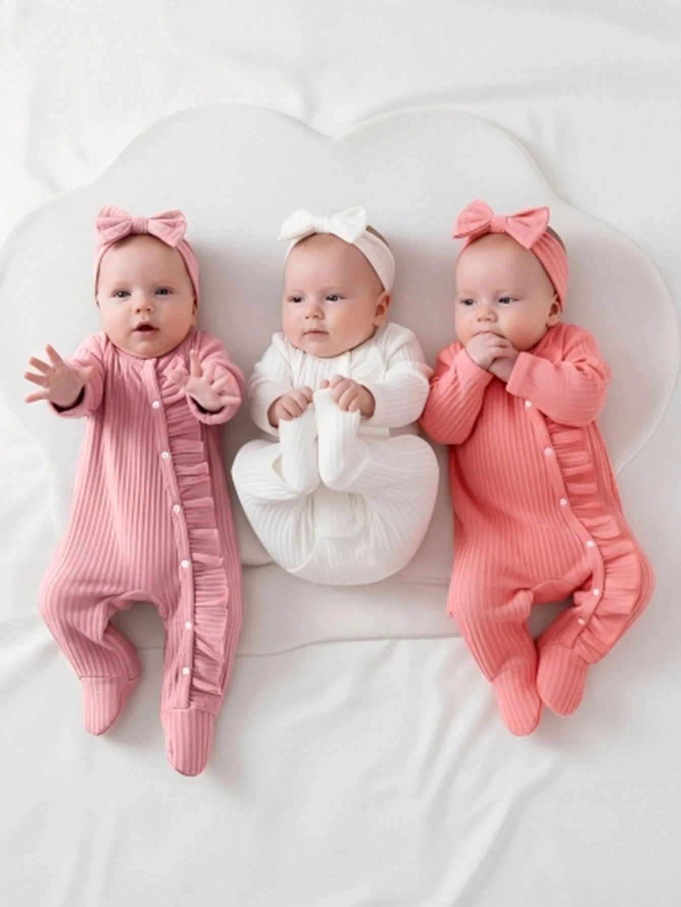6pcs Cute Newborn Infant Girl Clothes,Dusty Pink Solid Long Sleeve Jumpsuit & Headband Set,Autumn Family Matching Loungewear For Spring Fall Winter