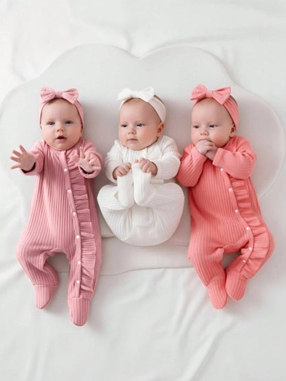 6pcs Cute Newborn Infant Girl Clothes,Dusty Pink Solid Long Sleeve Jumpsuit & Headband Set,Autumn Family Matching Loungewear For Spring Fall Winter