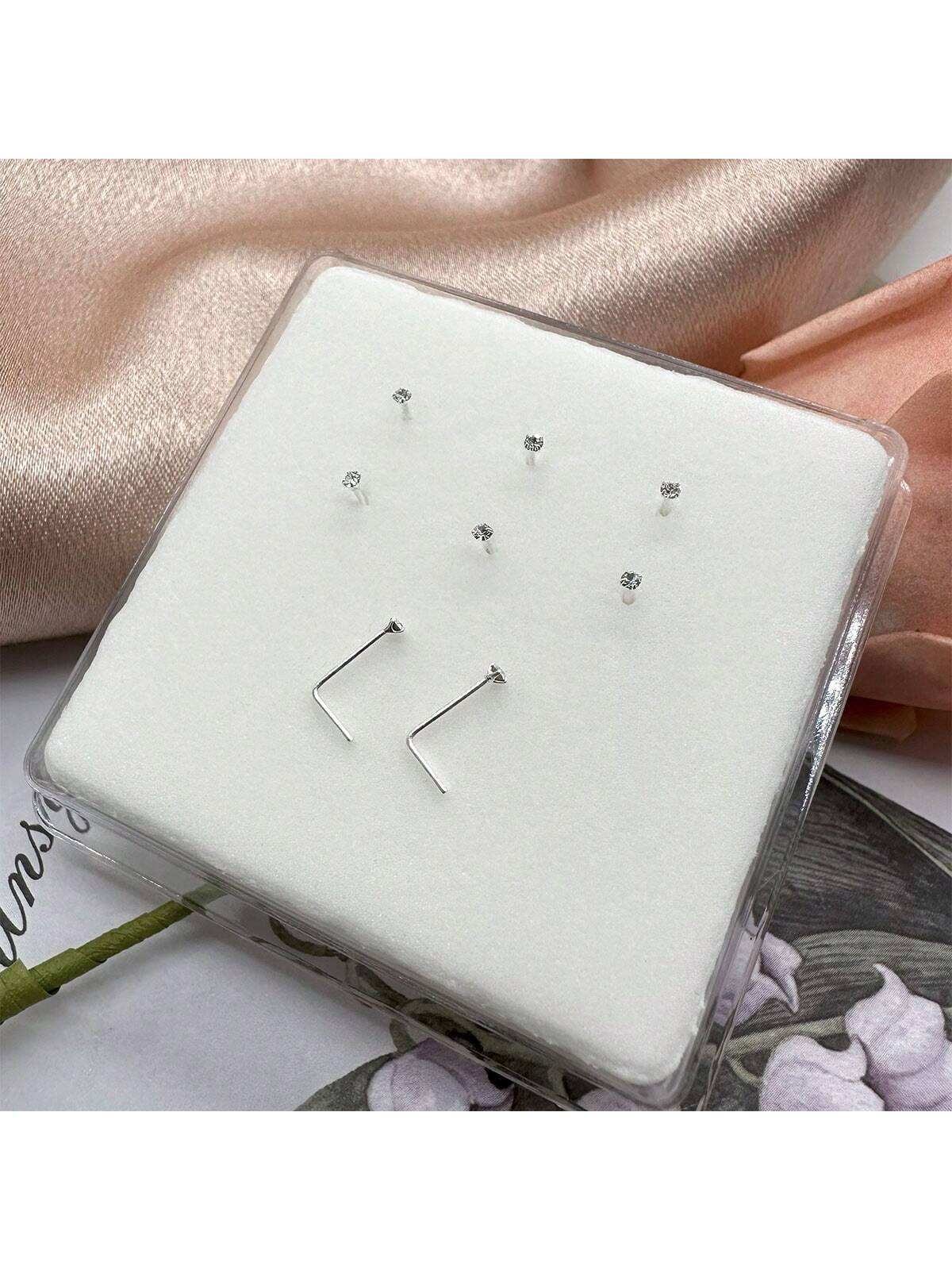 6pcs Mini 1.5mm Rhinestone L-Shaped Nose Studs & Earrings, 925 Sterling Silver Body Piercing Jewelry, For Women & Girlfriend