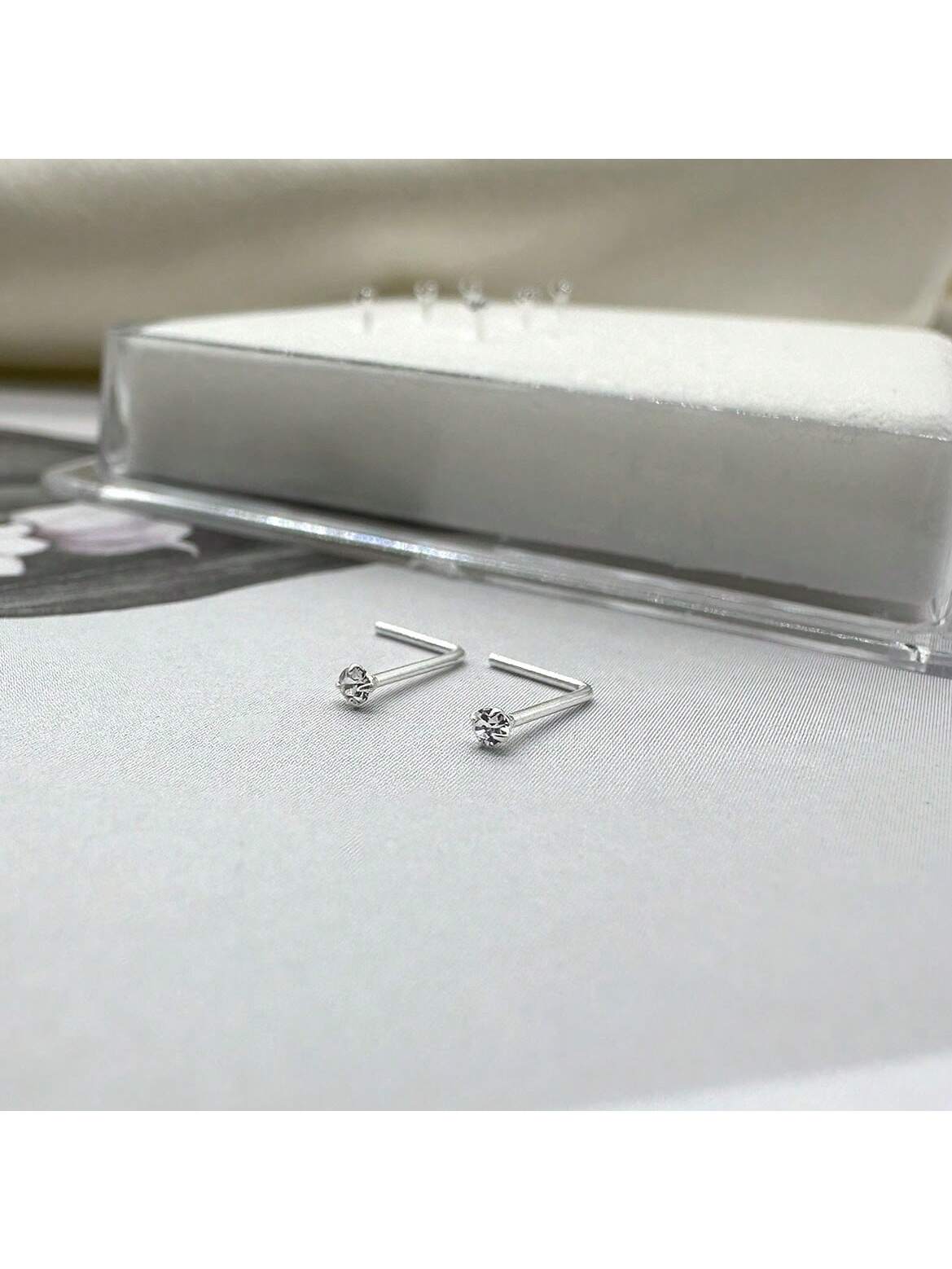 6pcs Mini 1.5mm Rhinestone L-Shaped Nose Studs & Earrings, 925 Sterling Silver Body Piercing Jewelry, For Women & Girlfriend