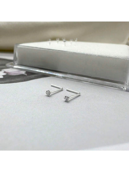 6pcs Mini 1.5mm Rhinestone L-Shaped Nose Studs & Earrings, 925 Sterling Silver Body Piercing Jewelry, For Women & Girlfriend