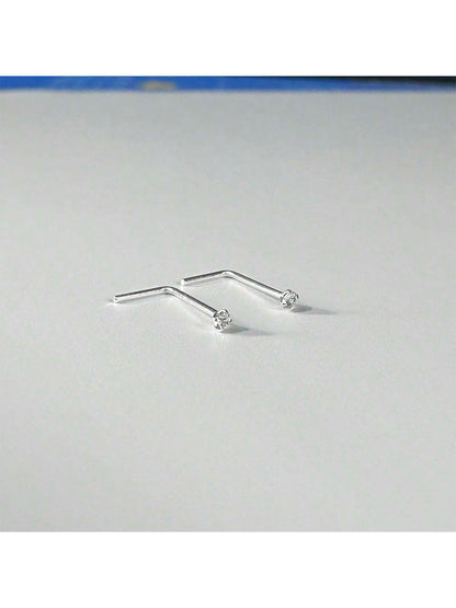 6pcs Mini 1.5mm Rhinestone L-Shaped Nose Studs & Earrings, 925 Sterling Silver Body Piercing Jewelry, For Women & Girlfriend