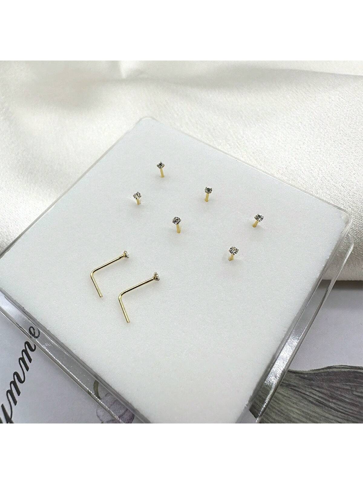 6pcs Mini 1.5mm Rhinestone L-Shaped Nose Studs & Earrings, 925 Sterling Silver Body Piercing Jewelry, For Women & Girlfriend