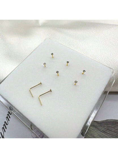 6pcs Mini 1.5mm Rhinestone L-Shaped Nose Studs & Earrings, 925 Sterling Silver Body Piercing Jewelry, For Women & Girlfriend