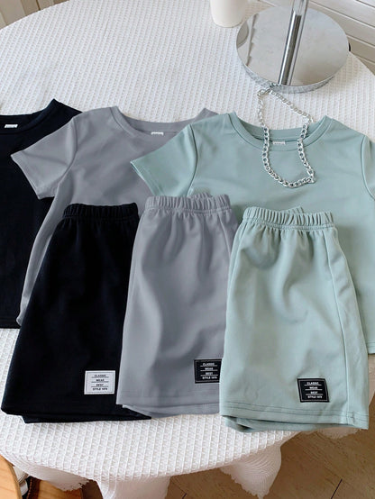 6pcs/Set Baby Boy/Girl Solid Color Letter Print Short Sleeve T-Shirt & Elastic Waist Shorts Basic Outfit, Spring/Summer