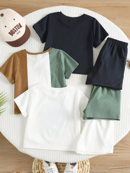 6pcs/Set Baby Boy/Girl Solid Color Letter Print Short Sleeve T-Shirt & Elastic Waist Shorts Basic Outfit, Spring/Summer