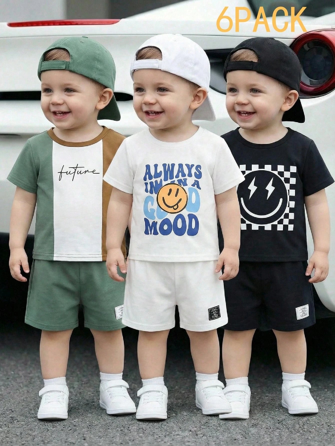 6pcs/Set Baby Boy/Girl Solid Color Letter Print Short Sleeve T-Shirt & Elastic Waist Shorts Basic Outfit, Spring/Summer