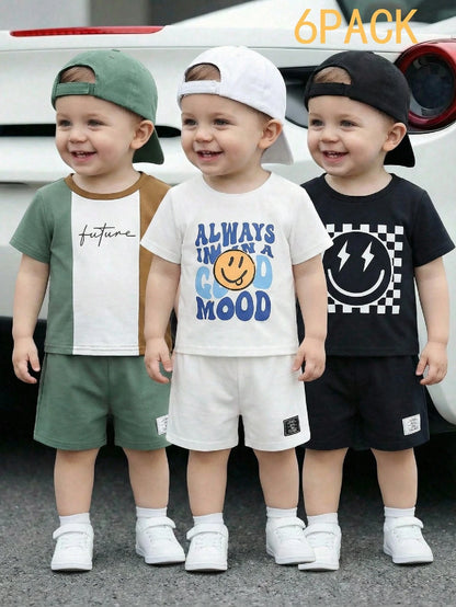 6pcs/Set Baby Boy/Girl Solid Color Letter Print Short Sleeve T-Shirt & Elastic Waist Shorts Basic Outfit, Spring/Summer