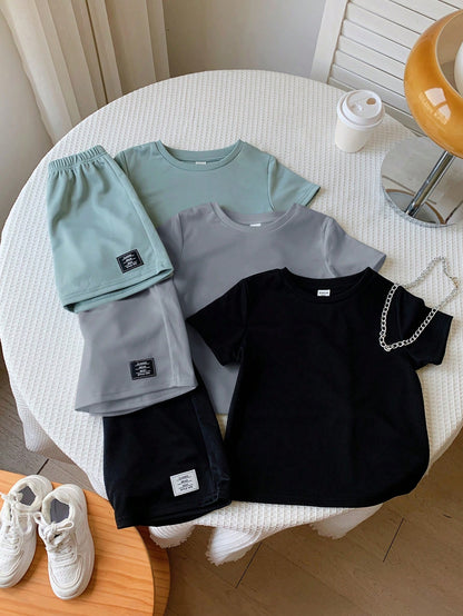 6pcs/Set Baby Boy/Girl Solid Color Letter Print Short Sleeve T-Shirt & Elastic Waist Shorts Basic Outfit, Spring/Summer