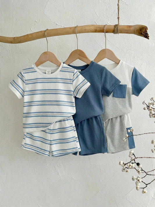 6pcs/Set Baby Boy Summer Casual Striped Patchwork T-Shirt, Shorts Multi-Piece Outfit, 3 Sets T-Shirt Suit, Baby Boy Basic Multi-Piece Set