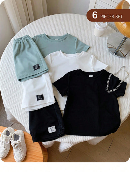 6pcs/Set Baby Boy Summer Casual Striped Patchwork T-Shirt, Shorts Multi-Piece Outfit, 3 Sets T-Shirt Suit, Baby Boy Basic Multi-Piece Set