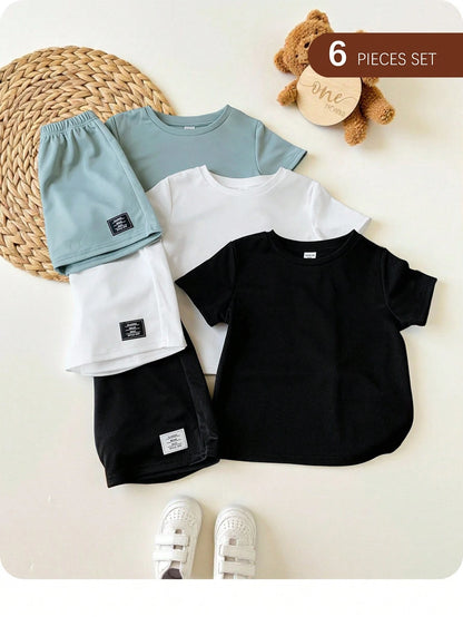 6pcs/Set Baby Boy Summer Casual Striped Patchwork T-Shirt, Shorts Multi-Piece Outfit, 3 Sets T-Shirt Suit, Baby Boy Basic Multi-Piece Set