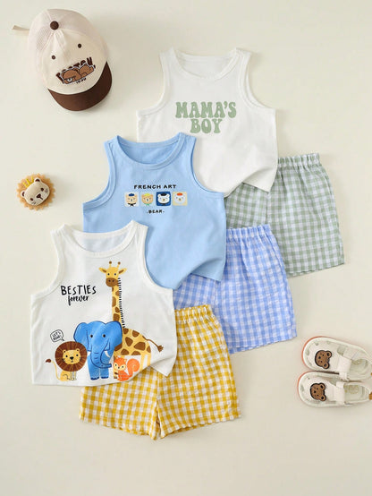 6pcs/Set Baby Boy Summer Casual White Cute Beach Outfits,Cartoon Bear Animal Print Tops/Vests,Plaid & Solid Shorts,3 Sets Infant & Toddler Multi-Piece