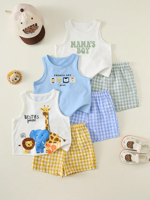 6pcs/Set Baby Boy Summer Casual White Cute Beach Outfits,Cartoon Bear Animal Print Tops/Vests,Plaid & Solid Shorts,3 Sets Infant & Toddler Multi-Piece