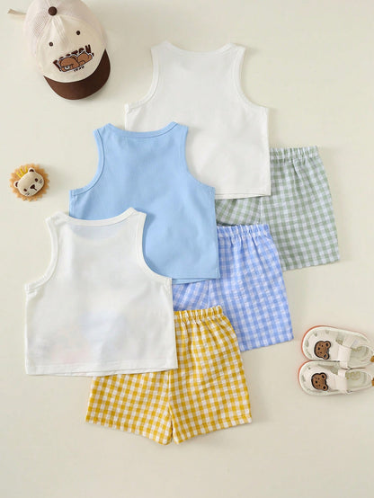 6pcs/Set Baby Boy Summer Casual White Cute Beach Outfits,Cartoon Bear Animal Print Tops/Vests,Plaid & Solid Shorts,3 Sets Infant & Toddler Multi-Piece